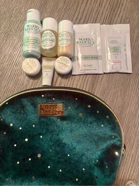 Mario Badescu Mini Skincare Set with Teal Velvet Bag and Gold Accents